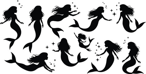 Mermaid silhouette collection, underwater female figures, fantasy sea creatures, ocean design elements, magical swimming mermaids, black vector, mythical clipart