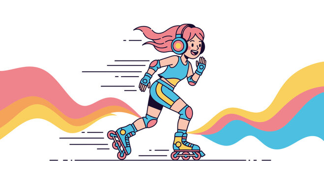 Inline Skater Enjoys Music While Gliding Down, Listening With Headphones, Vibrant Artwork