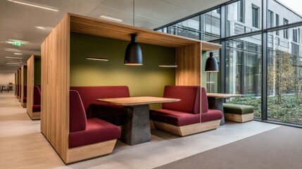 Modern Office Quiet Pods with Wooden Frames and Red Seating for Collaborative Workspaces
