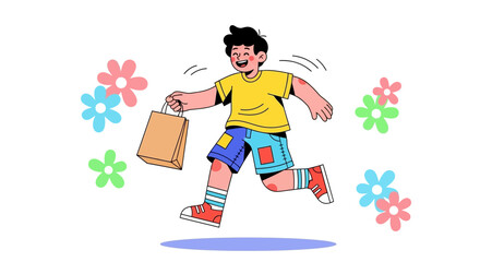 Joyful cartoon illustration of a running boy carrying a shopping bag during spring season