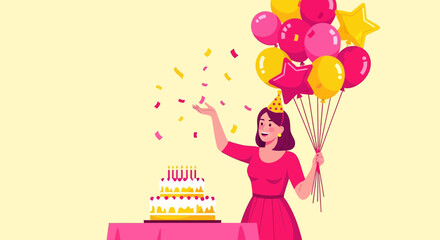 Joyful Celebration Depicting a Birthday Party with Balloons and Cake in Cheerful Setting