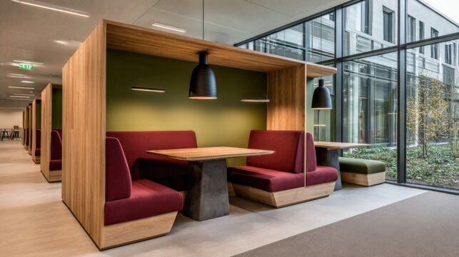 Modern Office Quiet Pods with Wooden Frames and Red Seating for Collaborative Workspaces