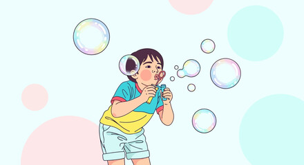 Fototapeta premium Joyful Child Blowing Soap Bubbles In Playful Vibrant Illustration