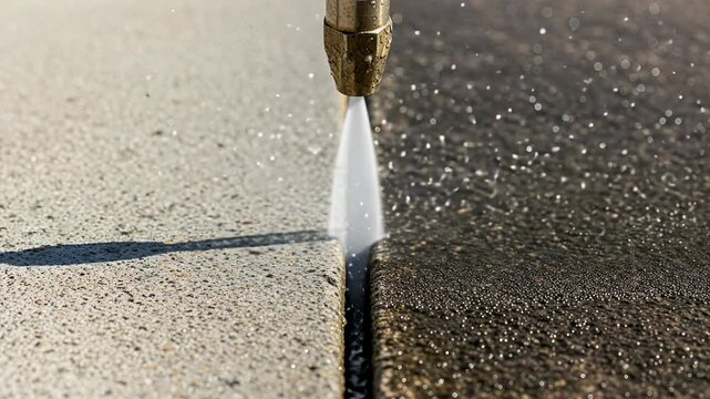 Powerful pressure washer nozzle removing grime to reveal clean concrete surface
