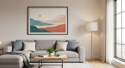 A modern living room featuring a stylish sectional sofa, a statement landscape artwork, and a warm-toned floor lamp.