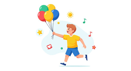 Joyful Child Rejoicing With Balloons, Sunshine, And Decorative Elements Displaying Happiness