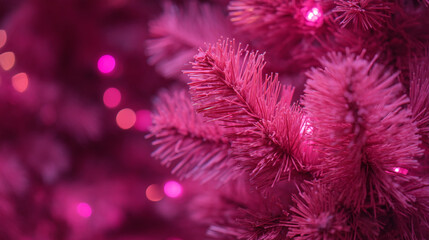 Close up of a pink christmas tree with pink lights creating a festive and vibrant holiday scene