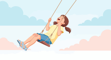 Fototapeta premium Joyful Child Swinging High Amidst Pastel Clouds, Capturing The Essence Of Childhood Fun