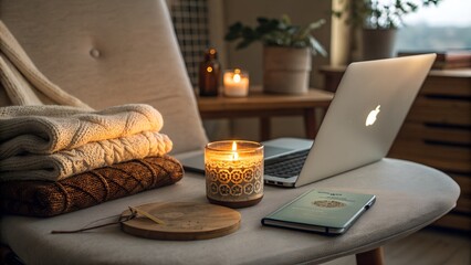 cozy armchair setup with laptop candle notebook blankets