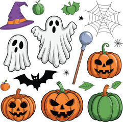 Nice hand drawn collection of halloween attributes vector illustration on white background
