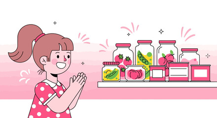 Joyful Girl Admiring Preserved Foods in Jars and Cans on a Shelf Illustration