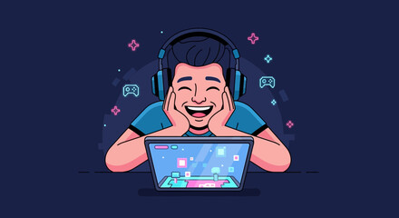 Joyful Gamer Immersed in Virtual World, Enjoying Modern Technology and Entertainment, Happy