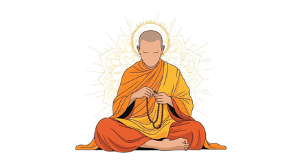 Meditating Monk Wearing Traditional Garb With Rosary and Geometric Spiritual Background