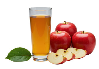 Elegant crystal glass of golden apple juice, green leaf, vibrant red apples, and fanned slices on seamless transparent background. Concept of healthy refreshment and natural purity