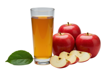 Elegant crystal glass of golden apple juice, green leaf, vibrant red apples, and fanned slices on seamless transparent background. Concept of healthy refreshment and natural purity
