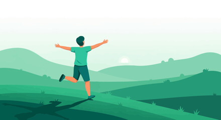 Joyful illustration of a person running enthusiastically in a serene, green landscape