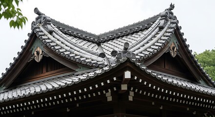 Traditional Japanese Temple Roof Architecture Detail.