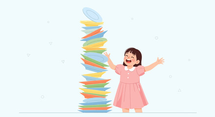 Joyful Little Girl Excitedly Celebrating Balancing Plates in Pastel Color Presentation