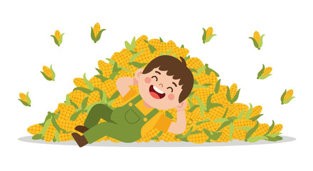Joyful Lad Relaxing Amidst Abundant Golden Corns, A Bountiful Harvest Scene