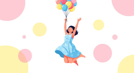 Joyful little girl with colorful balloons flying in a dreamy and colorful background