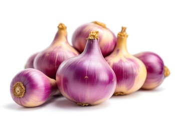 Fototapeta premium Fresh purple onions arranged in a pile on a white background