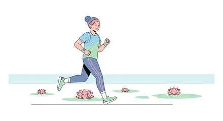 Joyful Runner Enjoying Outdoor Workout, Flourishing Lotus Pond and Clean Lines Illustration