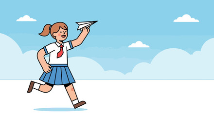 Joyful Schoolgirl Launching a Paper Airplane Towards a Bright, Cloud-Filled Sky