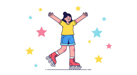Joyful Skating: A Young Woman Rides Roller Skates With Stars Background, Simple Style