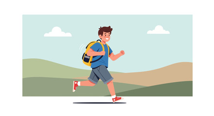 Joyful Traveler Ascending Hills With Backpack Under Azure Skies and Rolling Terrain