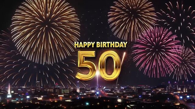 Cinematic 50th birthday celebration with golden text and vibrant fireworks over illuminated cityscape at night
