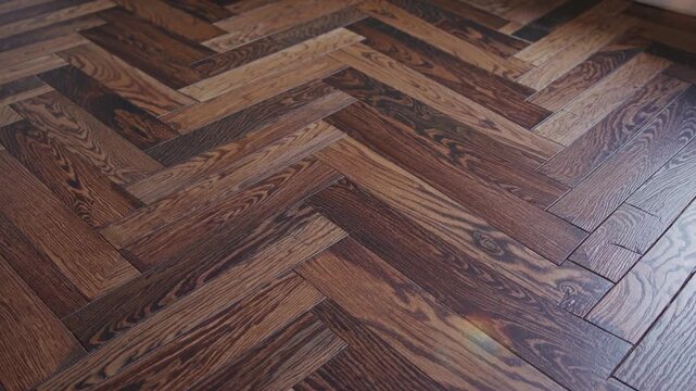 Sunlight streaming over herringbone hardwood, casting soft golden reflections dancing across polished wooden surface with architectural warmth