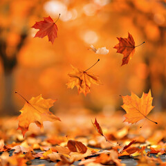 Bright autumn leaves gracefully fall through the air against the backdrop of a picturesque forest, conveying the essence of autumn.