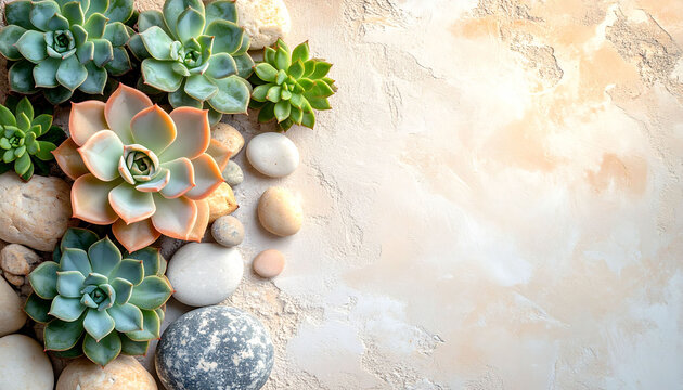 the image showcases a collection of rosette shaped plants and smooth stones arranged along the edge of a textured surface. several plants with thick, pointed leaves create a symmetrical pattern