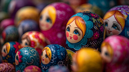 A close up shot of a collection of colorful russian nesting dolls with painted faces and floral designs