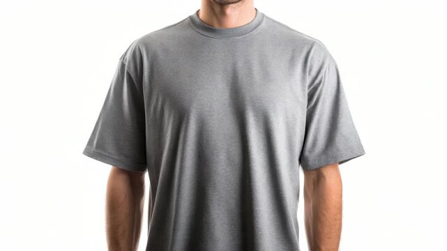 Plain gray t-shirt worn by male model, realistic photographic style, isolated on white background, concept of blank apparel template