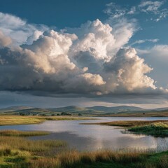 Fototapeta premium Expansive lake, dramatic clouds, tranquil landscape