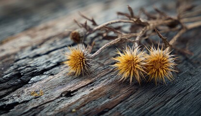 Dried thistle heads on weathered wood