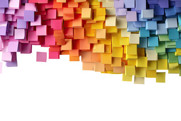 A vibrant cascade of colorful square blocks, ranging from purples and pinks to yellows and blues, against a stark black background.  The blocks create a wave-like, textured surface