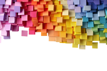 A vibrant cascade of colorful square blocks, ranging from purples and pinks to yellows and blues, against a stark black background.  The blocks create a wave-like, textured surface