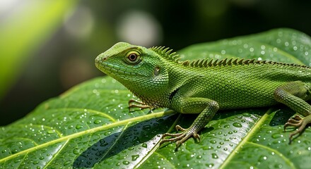 Fototapeta premium Vibrant Green Lizard Resting on a Dew-Kissed Leaf in Natural Sunlight.