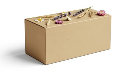 Beige Gift Box with Dried Flowers and Lavender on Top in Minimalist Style