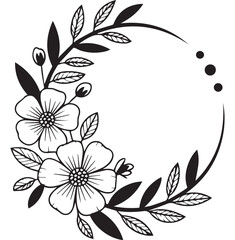 Black and white floral wreath with lily flowers and leaves