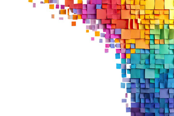 A vibrant cascade of colorful square notes, forming a dynamic, abstract arc against a stark black background