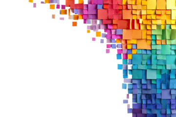 A vibrant cascade of colorful square notes, forming a dynamic, abstract arc against a stark black background