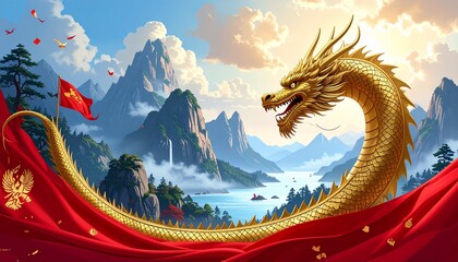 Vibrant golden dragon, red banner, majestic mountains, clear sky.