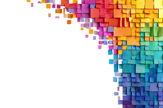 A vibrant cascade of colorful square notes, forming a dynamic, abstract arc against a stark black background