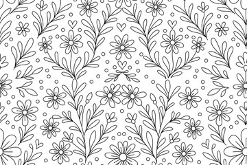 Pattern floral outline seamless leaf flower doodle vector repeat cute for design. Hand drawn style with hearts and sprigs by lines or minimal decor. Seamless background for fabric.