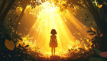 Dreamlike scene of a child in a sun-drenched forest, ethereal light.