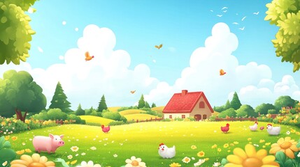Fototapeta premium Rural landscape illustration. Lush meadow, farmhouse, and cheerful farm animals