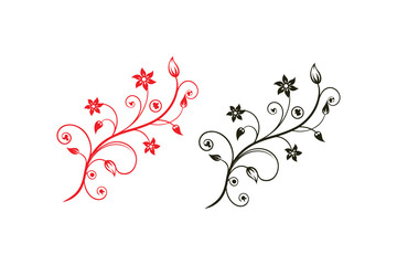 floral designs with intricate vines and blossoms in red black silhouette